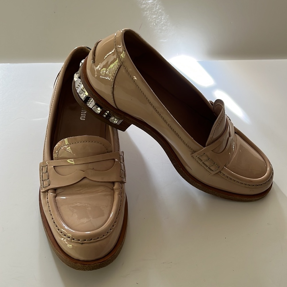 Miu Miu Nude Patent Leather Penny Loafers with Crystal Heel Accent